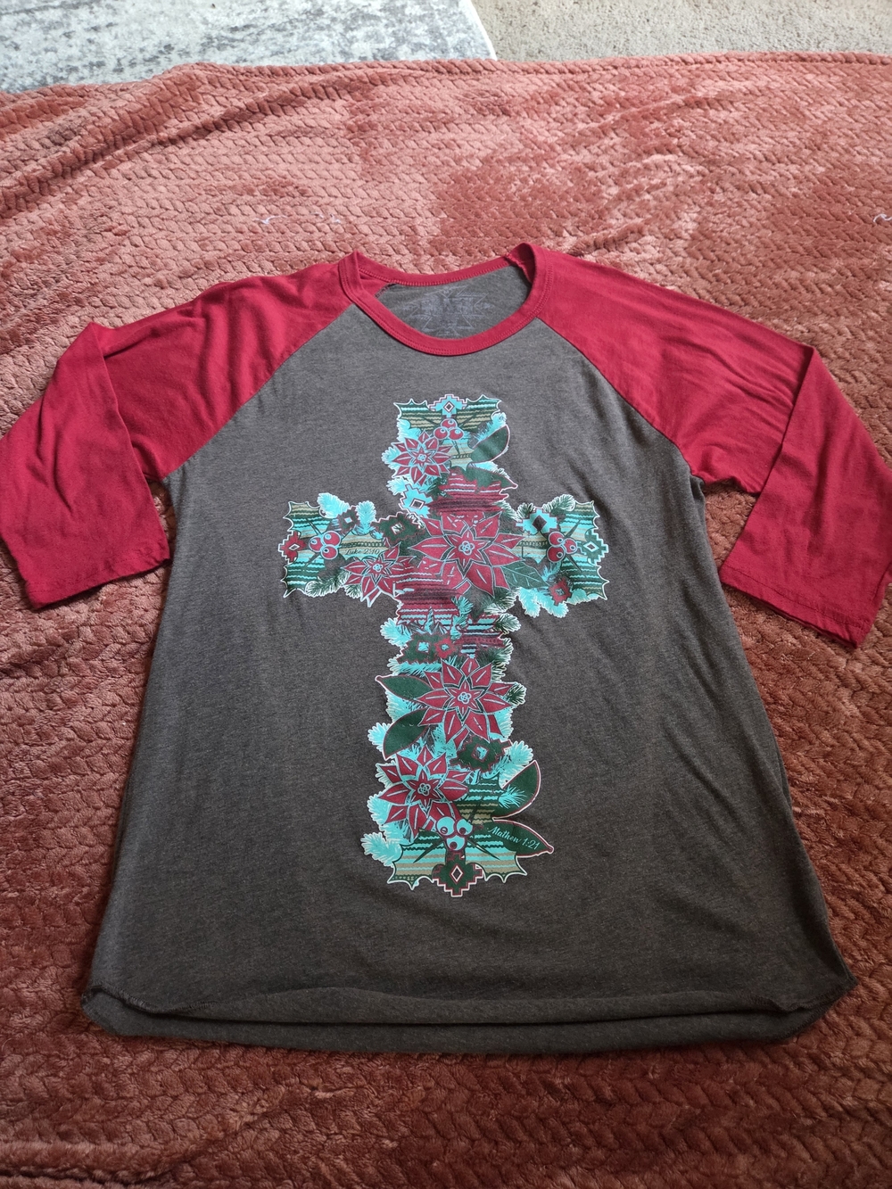 Size Medium Crazy Train Gray Tee with Red Raglan Sleeves and Teal Floral Cross
